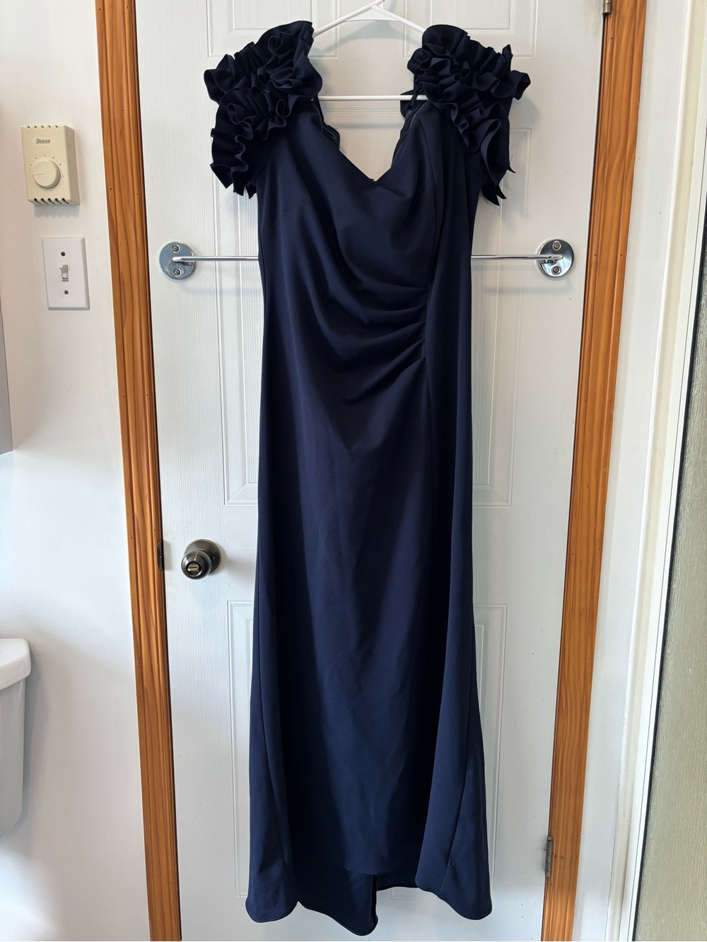 Navy Maxi Dress with Ruffled Off Shoulder Detail